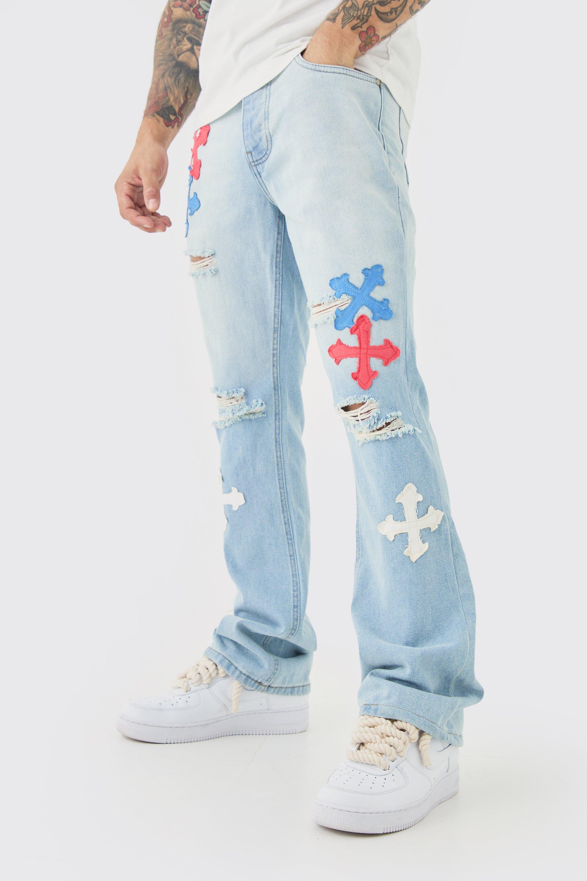 Mens Slim Rigid Flare Applique Jeans In Ice Blue, Blue